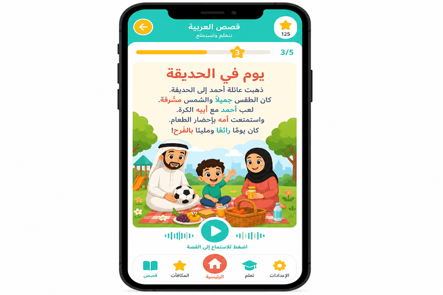 شاشة تطبيق بالعربي تعرض قصة تفاعلية